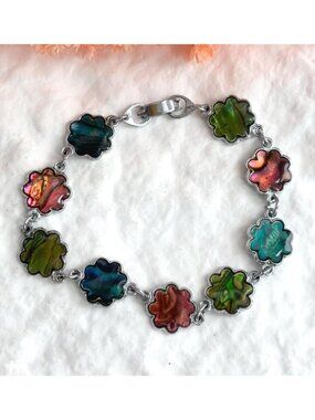 Faux Abalone Rainbow Enameled Multi Color Floral Silver Toned Vintage Bracelet